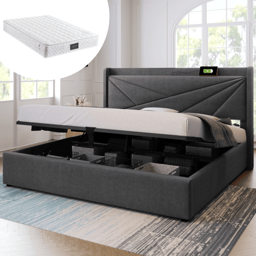 Cama de casal estofada 140x200 - arrumação, gaveta e função de carregamento USB Tipo C - Cinza