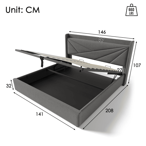 Cama de casal estofada 140x200 - arrumação, gaveta e função de carregamento USB Tipo C - Cinza