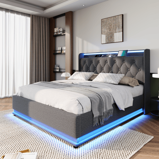 Cama de casal estofada 140*200 - LED 360° com controlo tátilAppFernbedienung, armazenamento hidráulico, cabeceira com carregamento USB Tipo-C - Cinza