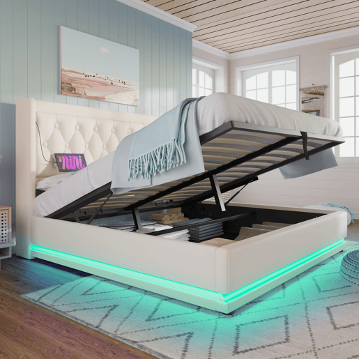 Cama estofada 140*200 cm - Cama hidráulica com arrumação, cabeceira acolchoada com função de carregamento USB Tipo-C, função LED em 3 lados - Branco