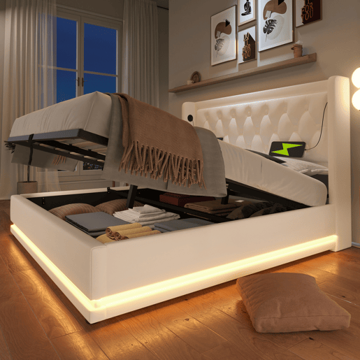 Cama estofada 140*200 cm - Cama hidráulica com arrumação, cabeceira acolchoada com função de carregamento USB Tipo-C, função LED em 3 lados - Branco