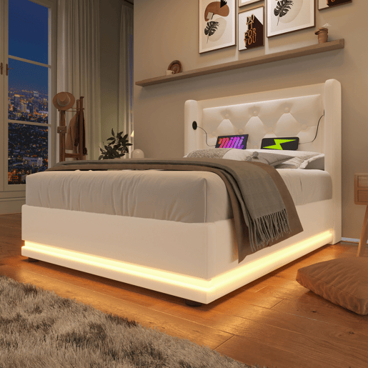 Cama estofada 90*200 cm - Material PU, Cama hidráulica com arrumação, Cabeceira acolchoada com carregador USB Tipo-C, Função LED em 3 lados - Branco