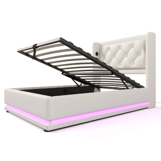 Cama estofada 90*200 cm - Material PU, Cama hidráulica com arrumação, Cabeceira acolchoada com carregador USB Tipo-C, Função LED em 3 lados - Branco