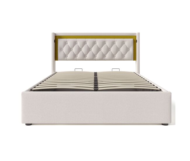 Cama tapizada led 140x200 - estante con almacenamiento, función de carga usb tipo c, cabecero, estructura de algodón - beige