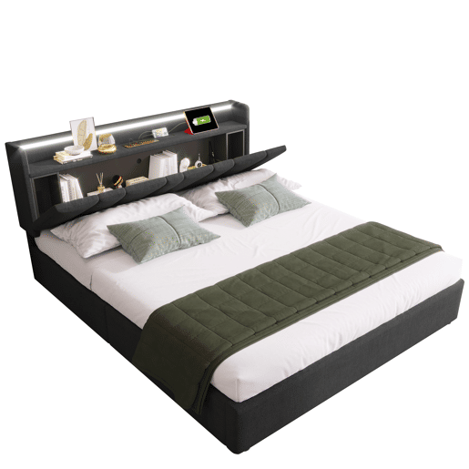 Cama estofada 160x200 cm - Função de carregamento USB, cabeceira com arrumação e luzes LED - Cinza
