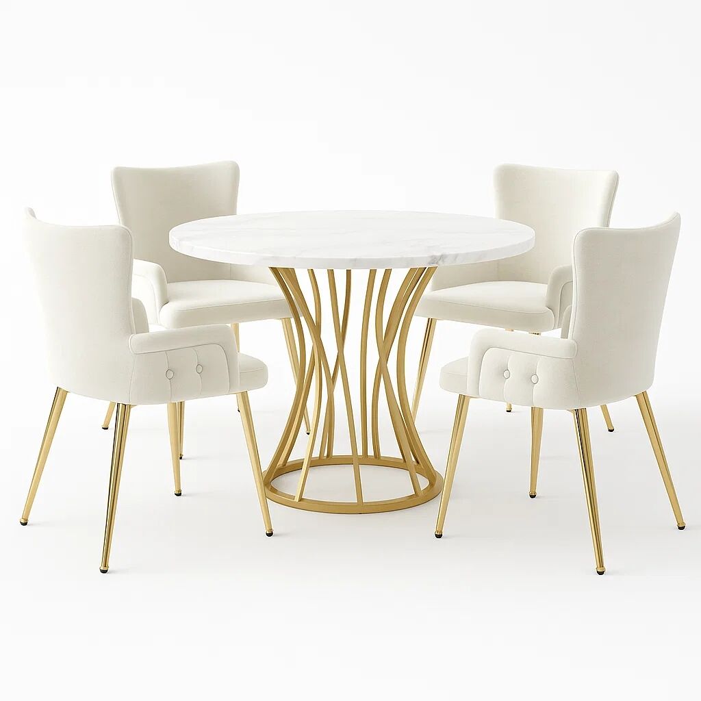 Juego de comedor con mesa efecto mármol y 2 sillas de terciopelo