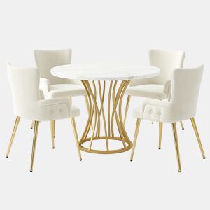 Conjunto de jantar redondo efeito mármore branco com pés dourados + 2 cadeiras em veludo bege