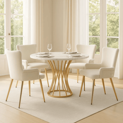 Conjunto de jantar redondo efeito mármore branco com pés dourados + 2 cadeiras em veludo bege Conjunto de jantar redondo efeito mármore branco com pés dourados + 2 cadeiras em veludo bege