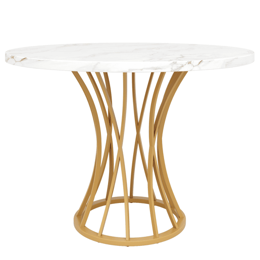 Conjunto de jantar redondo efeito mármore branco com pés dourados + 2 cadeiras em veludo bege Conjunto de jantar redondo efeito mármore branco com pés dourados + 2 cadeiras em veludo bege