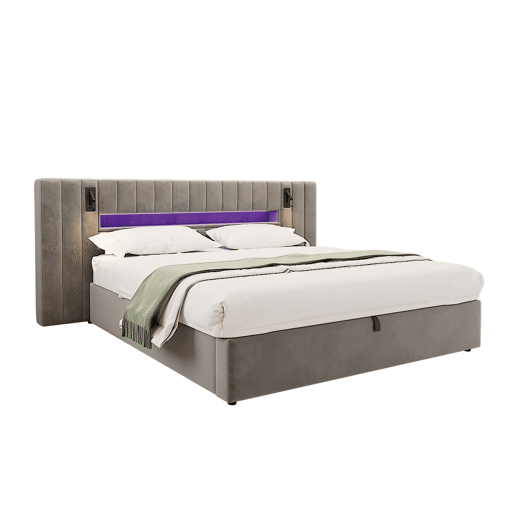 Cama estofada 180 x 200 cm - com USB, LED, candeeiro de mesa e arrumação - cinzento Cama estofada 180 x 200 cm - com USB, LED, candeeiro de mesa e arrumação - cinzento