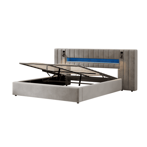 Cama estofada 180 x 200 cm - com USB, LED, candeeiro de mesa e arrumação - cinzento Cama estofada 180 x 200 cm - com USB, LED, candeeiro de mesa e arrumação - cinzento