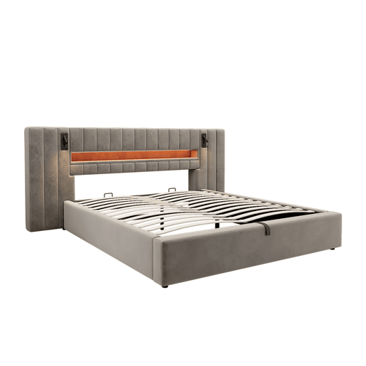 Cama estofada 180 x 200 cm - com USB, LED, candeeiro de mesa e arrumação - cinzento Cama estofada 180 x 200 cm - com USB, LED, candeeiro de mesa e arrumação - cinzento
