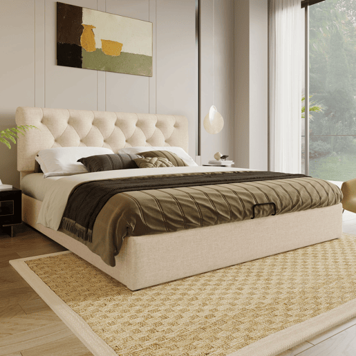 Cama de casal estofada 140x200 - Cabeceira ajustável, estrutura com arrumação, base metálica - Natural