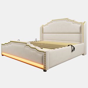Cama Polsterbett 140x200 - Com armazenamento hidráulico, iluminação LED e porta USB-C - Bege