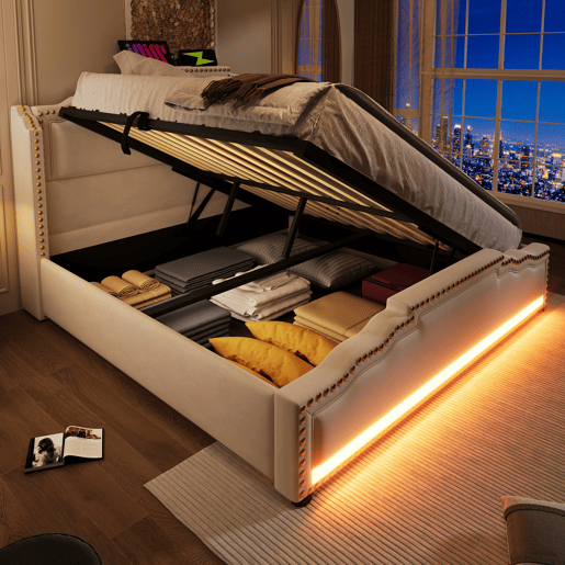 Cama Polsterbett 140x200 - Com armazenamento hidráulico, iluminação LED e porta USB-C - Bege