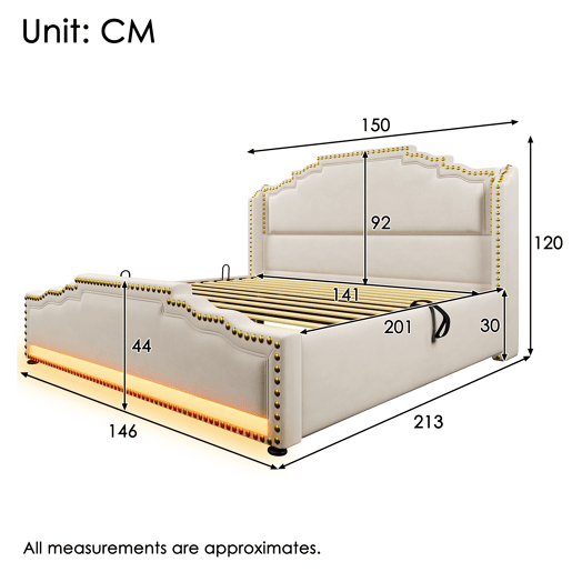 Cama Polsterbett 140x200 - Com armazenamento hidráulico, iluminação LED e porta USB-C - Bege