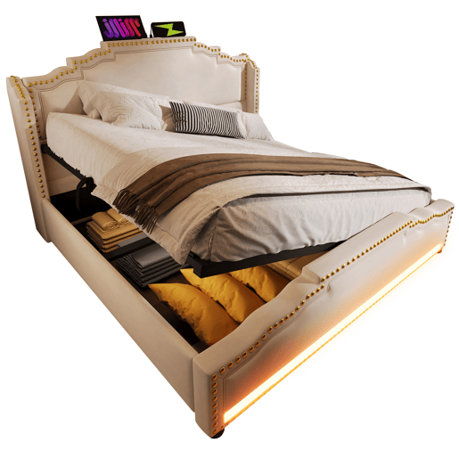 Cama Polsterbett 140x200 - Com armazenamento hidráulico, iluminação LED e porta USB-C - Bege