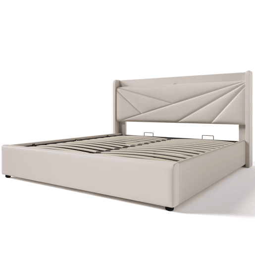 Cama estofada 140x200 - Cabeceira com arrumação, função de carregamento USB Tipo C - Bege