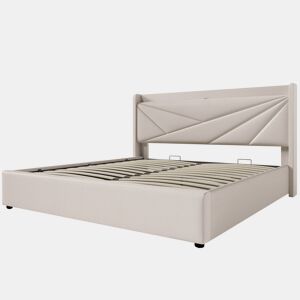 Cama estofada 140x200 - Cabeceira com arrumação, função de carregamento USB Tipo C - Bege