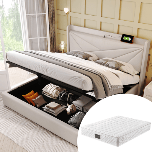 Cama estofada 140x200 - Cabeceira com arrumação, função de carregamento USB Tipo C - Bege