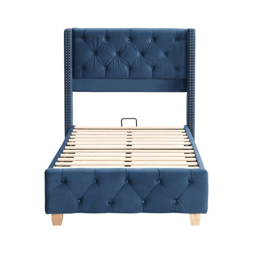 Cama estofada 90*200 - cabeceira acolchoada com botões e tachas, estrado de madeira - Azul
