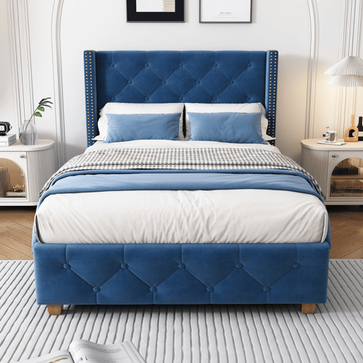 Cama estofada 90*200 - cabeceira acolchoada com botões e tachas, estrado de madeira - Azul