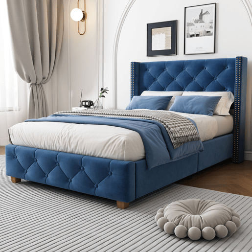 Cama estofada 90*200 - cabeceira acolchoada com botões e tachas, estrado de madeira - Azul