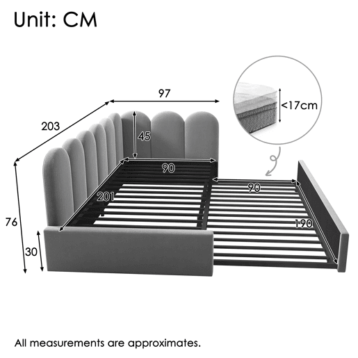 Cama divã 90x200 cm - Sofá-cama com cama extensível 90x190 cm e estrado - Cinza