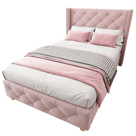 Cama estofada 90*200 - cabeceira acolchoada com botões e tachas, pés de madeira - Rosa