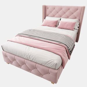 Cama estofada 90*200 - cabeceira acolchoada com botões e tachas, pés de madeira - Rosa