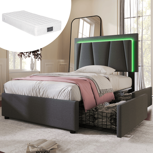 Cama estofada 90x200cm - Com LED e 2 gavetas, cabeceira ajustável - Garu