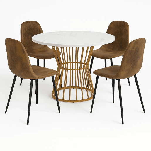 Conjunto de jantar redondo efeito mármore branco com pés dourados + 4 cadeiras em tecido castanho tipo camurça