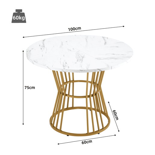 Conjunto de jantar redondo efeito mármore branco com pés dourados + 4 cadeiras em tecido castanho tipo camurça