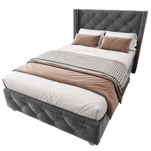 Cama estofada 90*200 - cabeceira acolchoada com botões e tachas, pés de madeira - Cinza