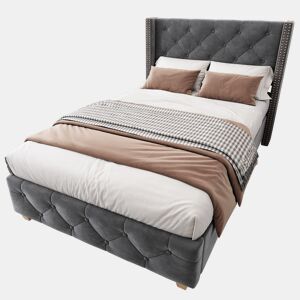 Cama estofada 90*200 - cabeceira acolchoada com botões e tachas, pés de madeira - Cinza