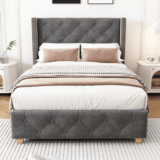 Cama estofada 90*200 - cabeceira acolchoada com botões e tachas, pés de madeira - Cinza