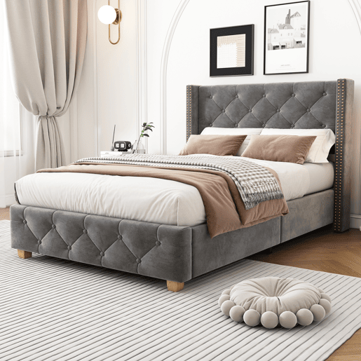 Cama estofada 90*200 - cabeceira acolchoada com botões e tachas, pés de madeira - Cinza
