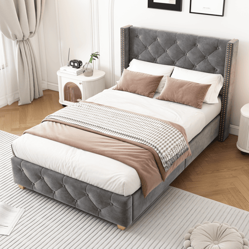 Cama estofada 90*200 - cabeceira acolchoada com botões e tachas, pés de madeira - Cinza