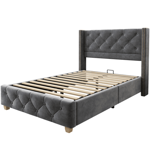 Cama estofada 90*200 - cabeceira acolchoada com botões e tachas, pés de madeira - Cinza