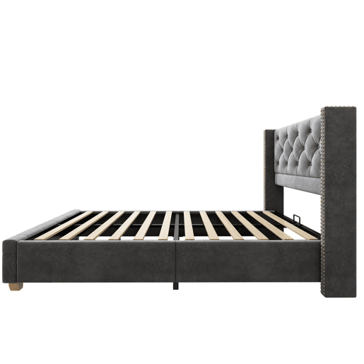 Cama estofada 90*200 - cabeceira acolchoada com botões e tachas, pés de madeira - Cinza