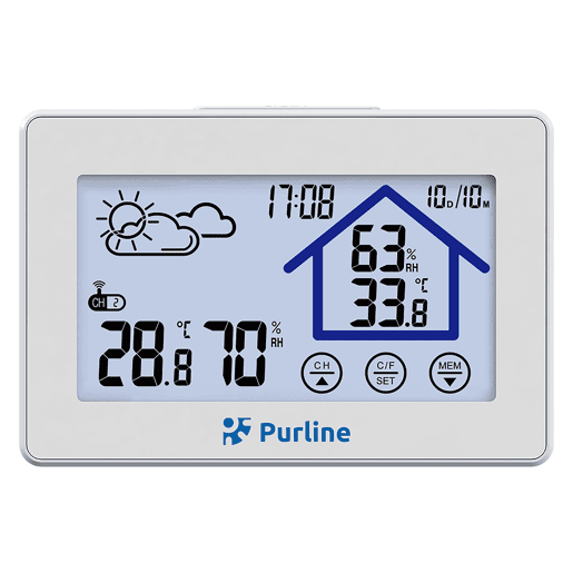 Estação meteorológica multifuncional com informações sobre humidade, poluição e qualidade do ar ambiente. Tem visor LCD com ícones animados. calendário. previsão do tempo. termómetro e relógio digital accionado por bateria.