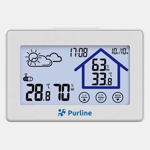 Estação meteorológica multifuncional com informações sobre humidade, poluição e qualidade do ar ambiente. Tem visor LCD com ícones animados. calendário. previsão do tempo. termómetro e relógio digital accionado por bateria.