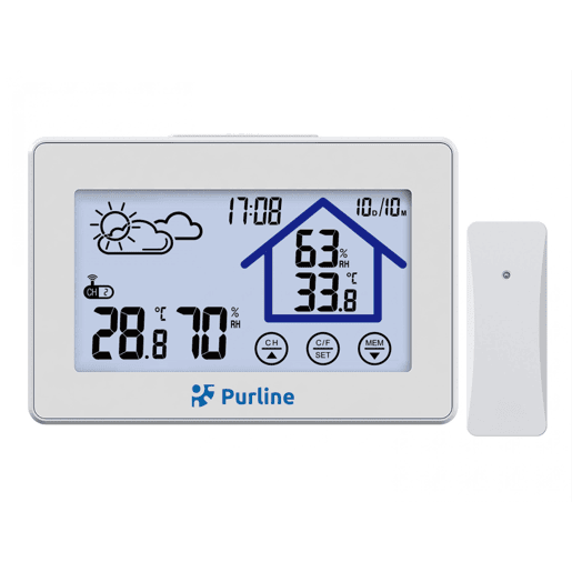 Estação meteorológica multifuncional com informações sobre humidade, poluição e qualidade do ar ambiente. Tem visor LCD com ícones animados. calendário. previsão do tempo. termómetro e relógio digital accionado por bateria.