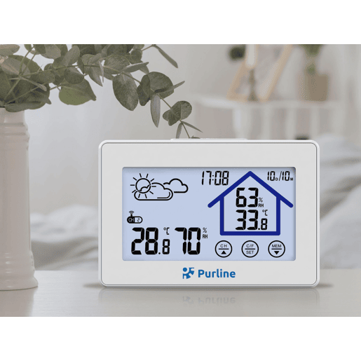 Estação meteorológica multifuncional com informações sobre humidade, poluição e qualidade do ar ambiente. Tem visor LCD com ícones animados. calendário. previsão do tempo. termómetro e relógio digital accionado por bateria.