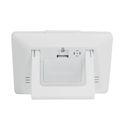Estação meteorológica multifuncional com informações sobre humidade, poluição e qualidade do ar ambiente. Tem visor LCD com ícones animados. calendário. previsão do tempo. termómetro e relógio digital accionado por bateria.