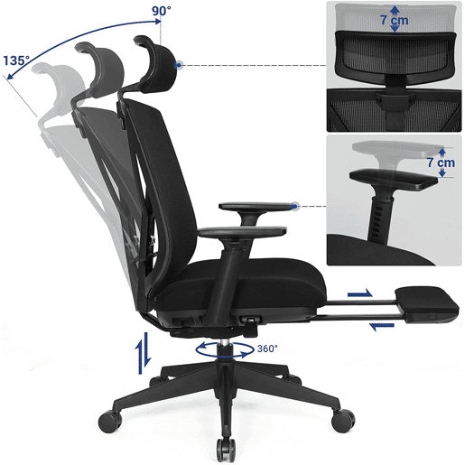 Cadeira de escritório com apoio para os pés Mecanismo de inclinação ergonômico da cadeira de escritório em malha (90-135°) máx. carregar 150 kg preto 12_0000410