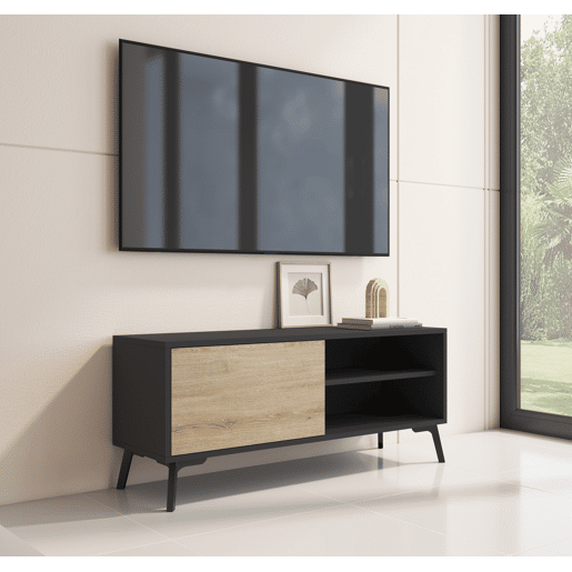 Móvel TV Sala de estar e jantar PretoSonoma 100x29,5x42,5 1 porta Kai Muebles Bonitos