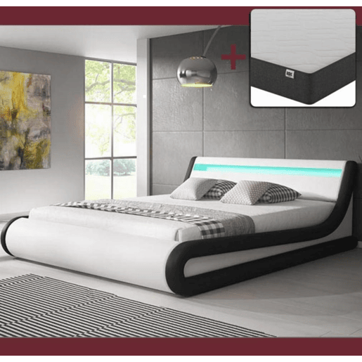 Cama com estrado e Colchão Quarto de dormir BrancoPreto 214x167x65 LED Parisina Muebles Bonitos