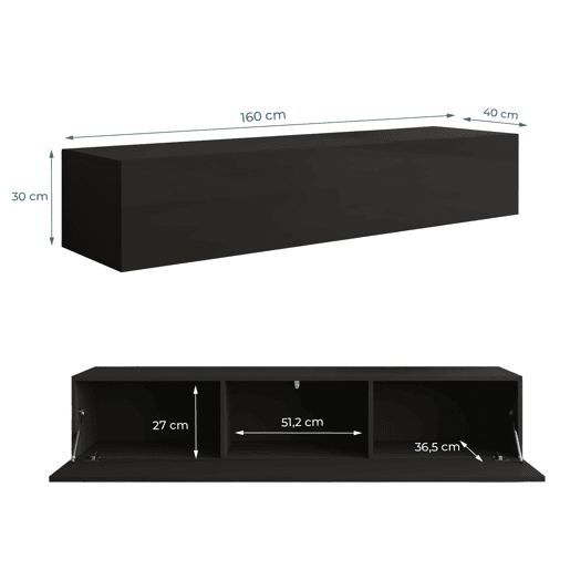 Móvel TV Suspenso Sala de estar e jantar Preto 160x40x30 1 porta Nora H2 Muebles Bonitos