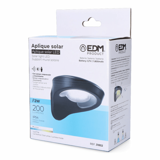 Aplique LED EDM 31852 Preto 2 W 1,8 W 200 Lm 155 Lm Solar Sensor de Movimento (6500 K)